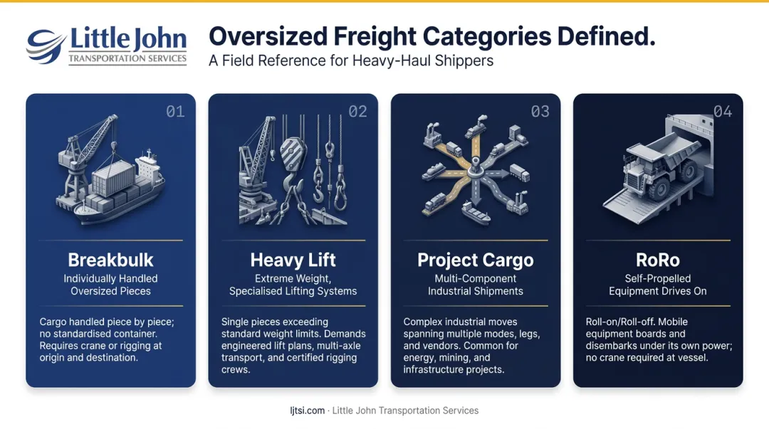 Breakbulk heavy lift project cargo and RoRo freight category comparison infographic
