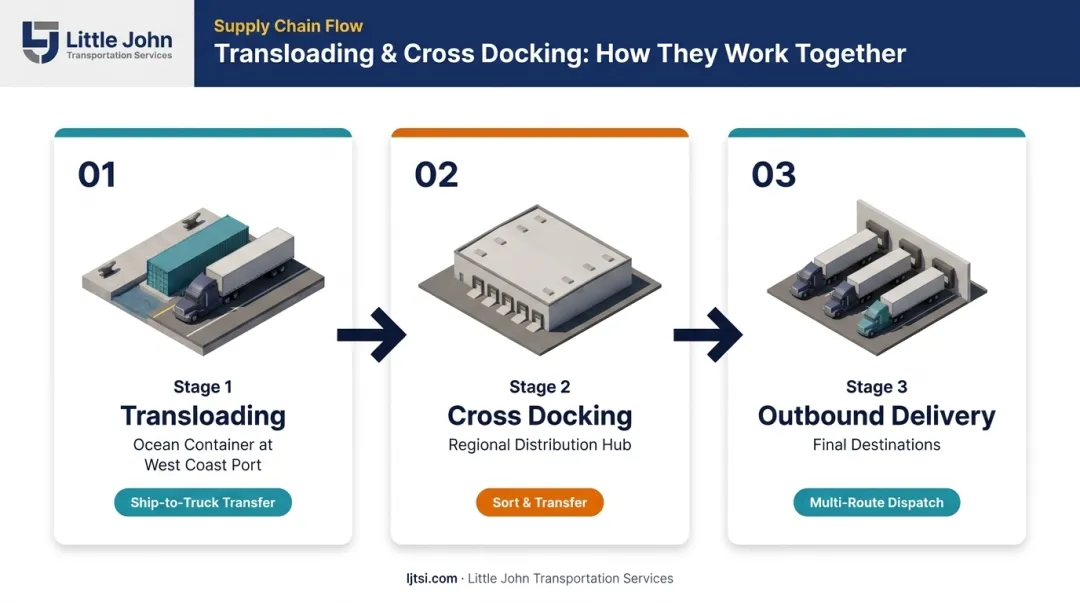 Three-stage combined transloading and cross docking supply chain flow diagram