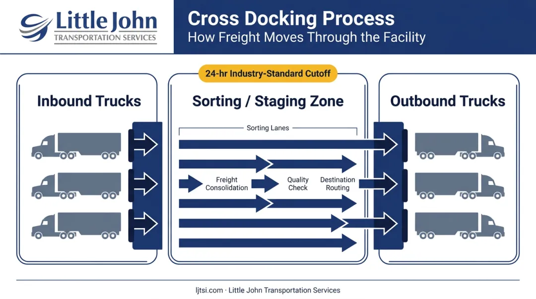 Cross docking facility layout showing inbound to outbound freight flow process