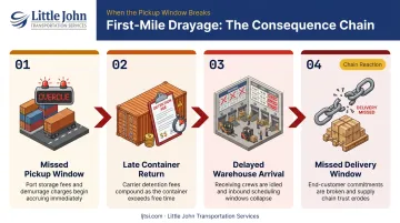 Drayage first-mile failure consequence chain showing four downstream disruptions