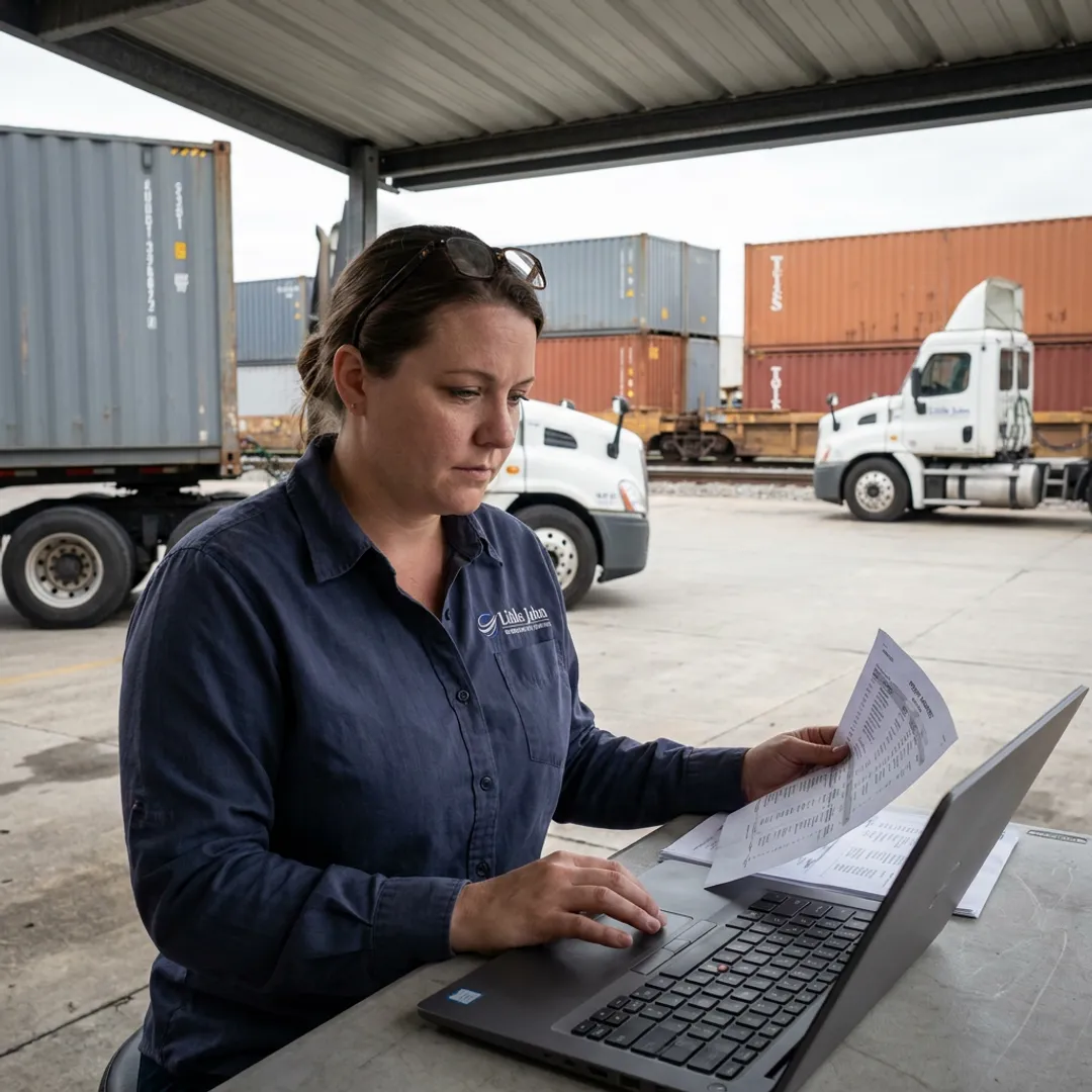Logistics coordinator reviewing intermodal freight booking online
