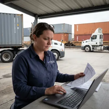 Logistics coordinator reviewing intermodal freight booking online