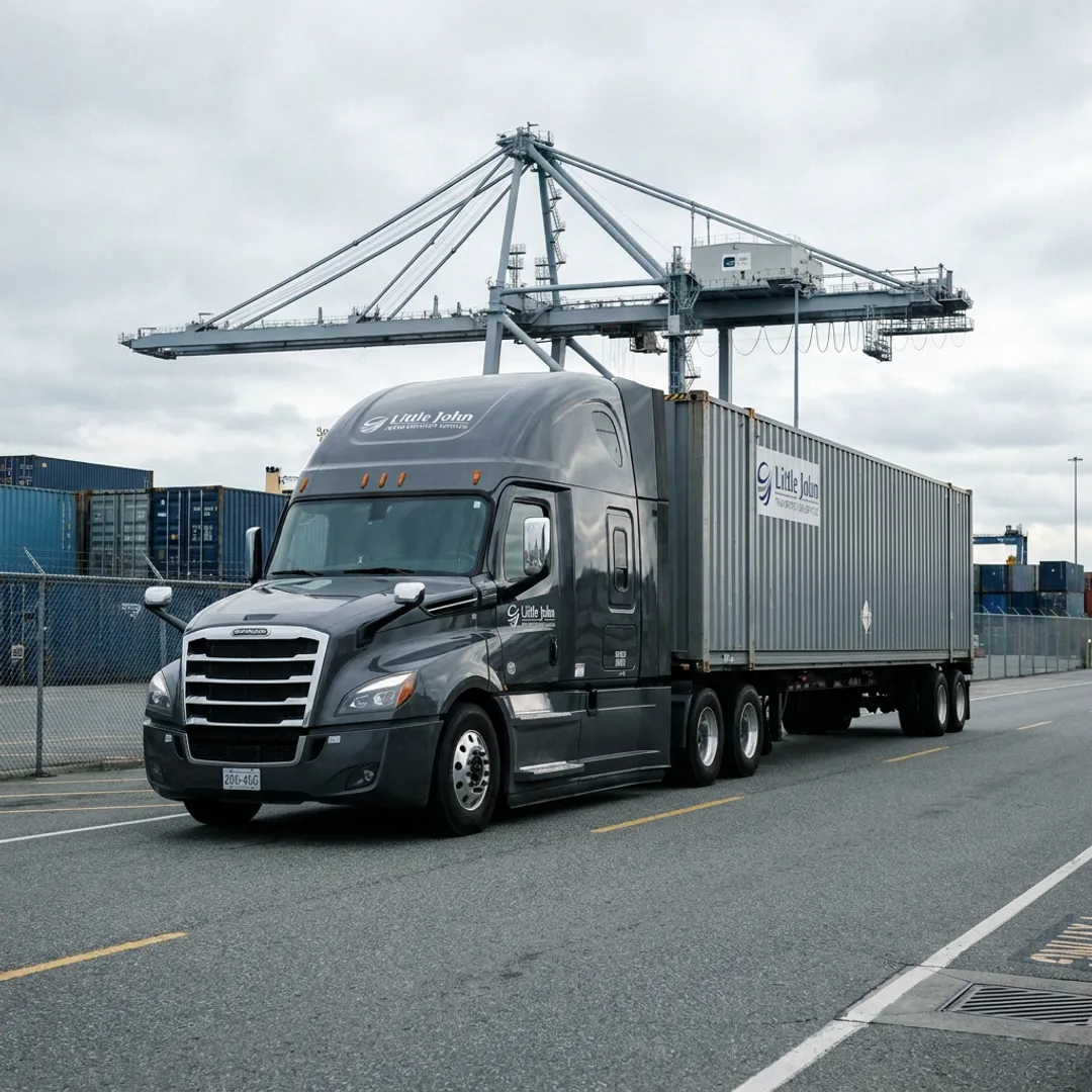 Truck hauling a shipping container from a marine terminal