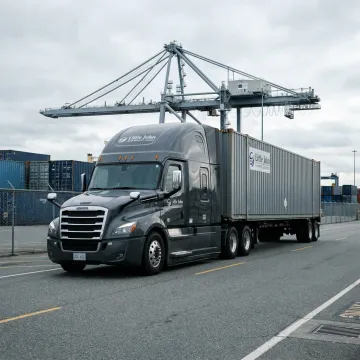 Truck hauling a shipping container from a marine terminal