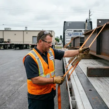 Flatbed truck being inspected before freight pickup