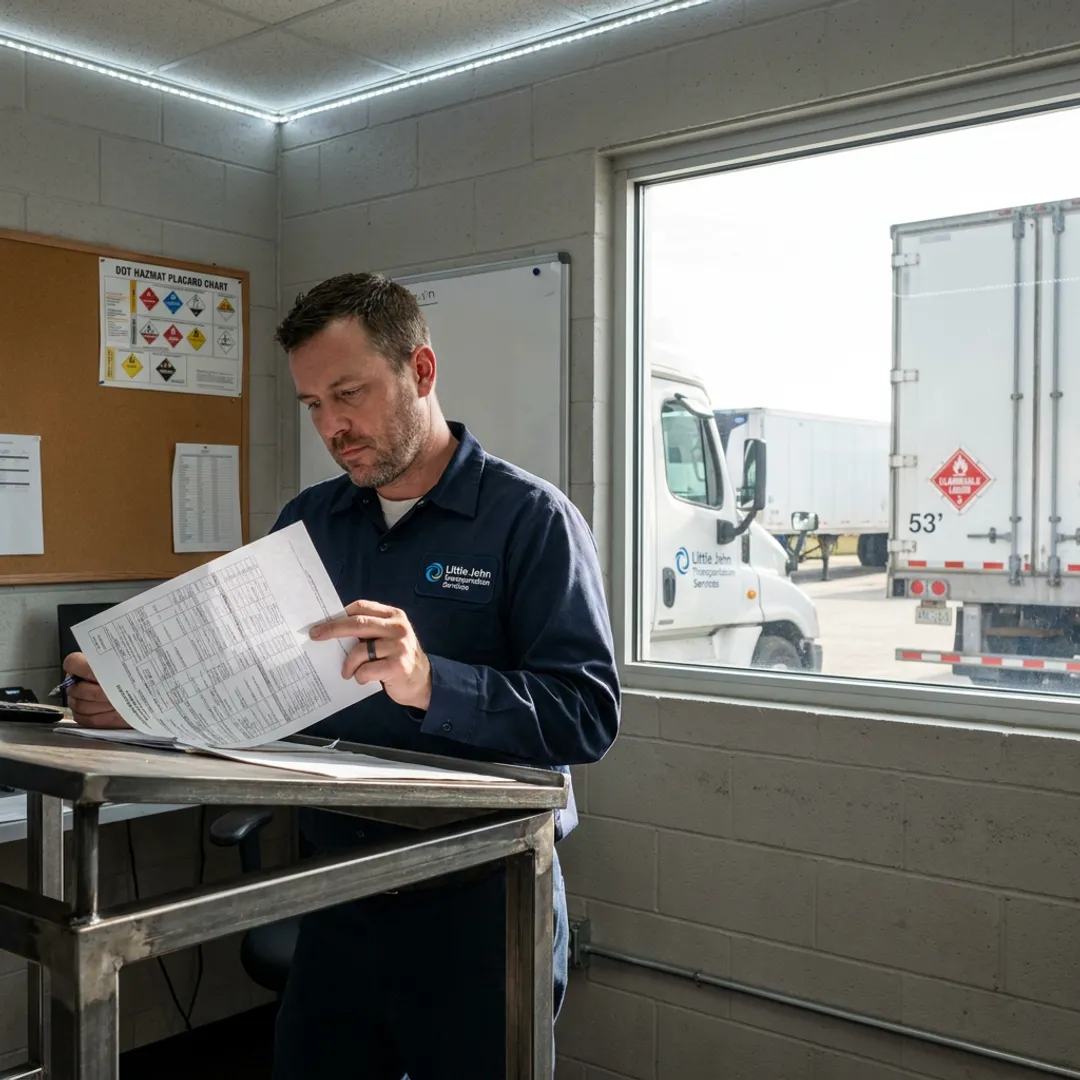 Hazmat freight coordinator reviewing shipment documents