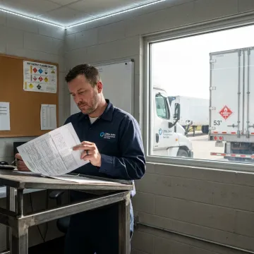Hazmat freight coordinator reviewing shipment documents
