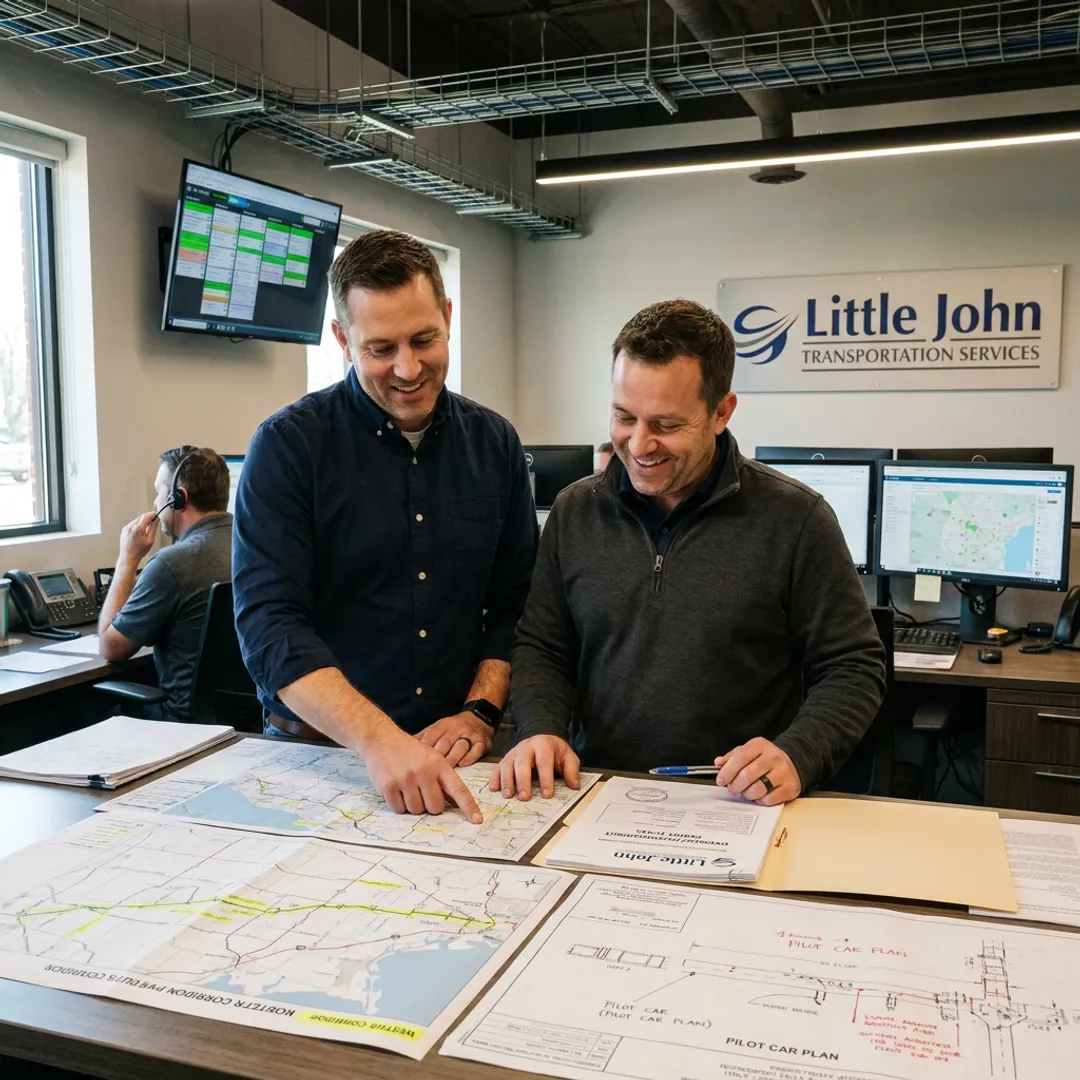 Heavy haul team reviewing oversized freight route plans