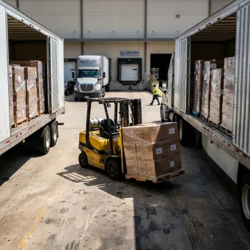 Forklift transferring palletized freight at a distribution dock