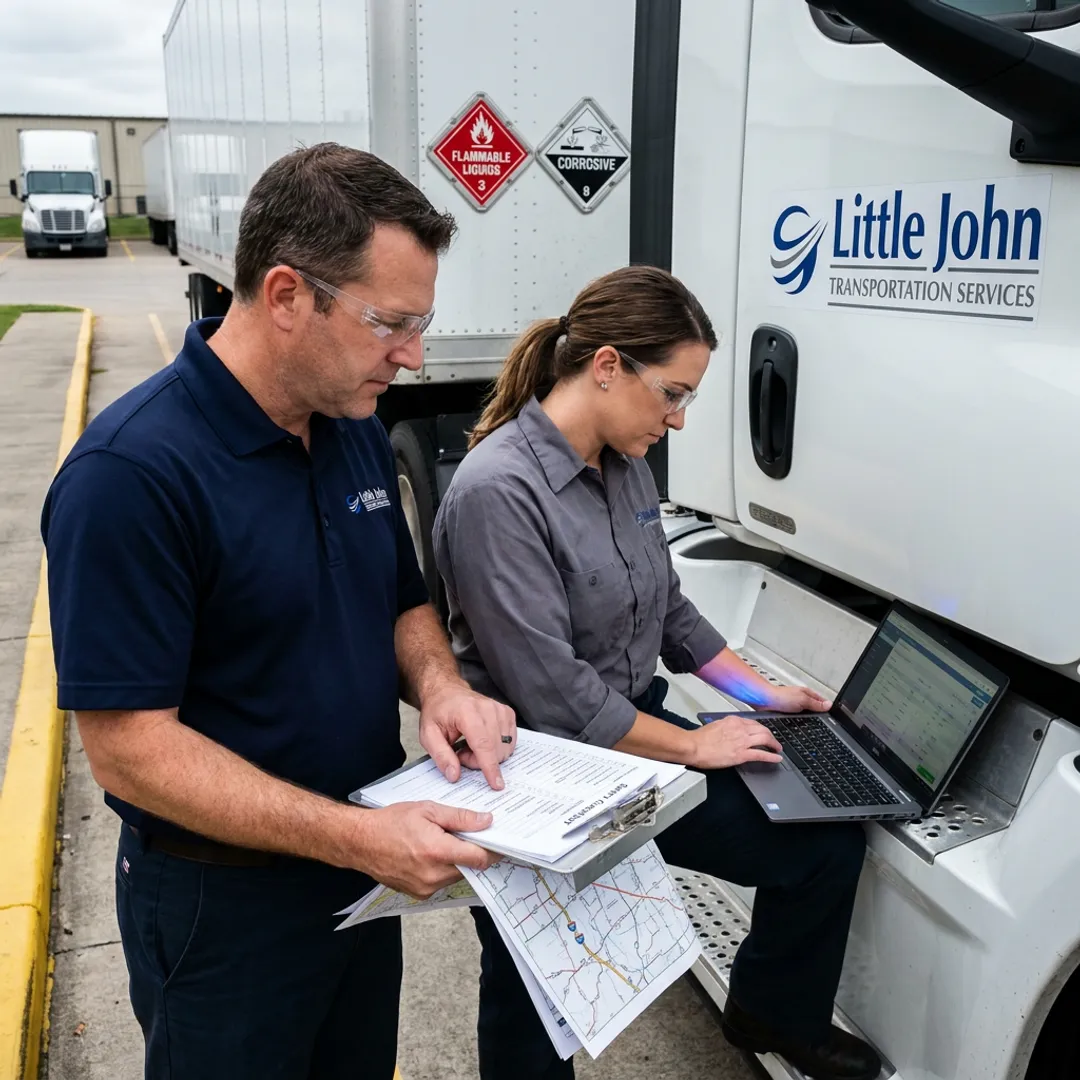Hazmat freight team reviewing road transport documents