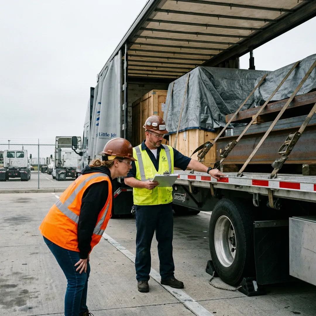 Logistics team coordinating Conestoga flatbed shipment