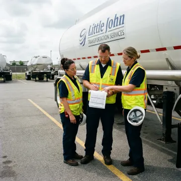 Hazmat logistics team coordinating petroleum transfer paperwork