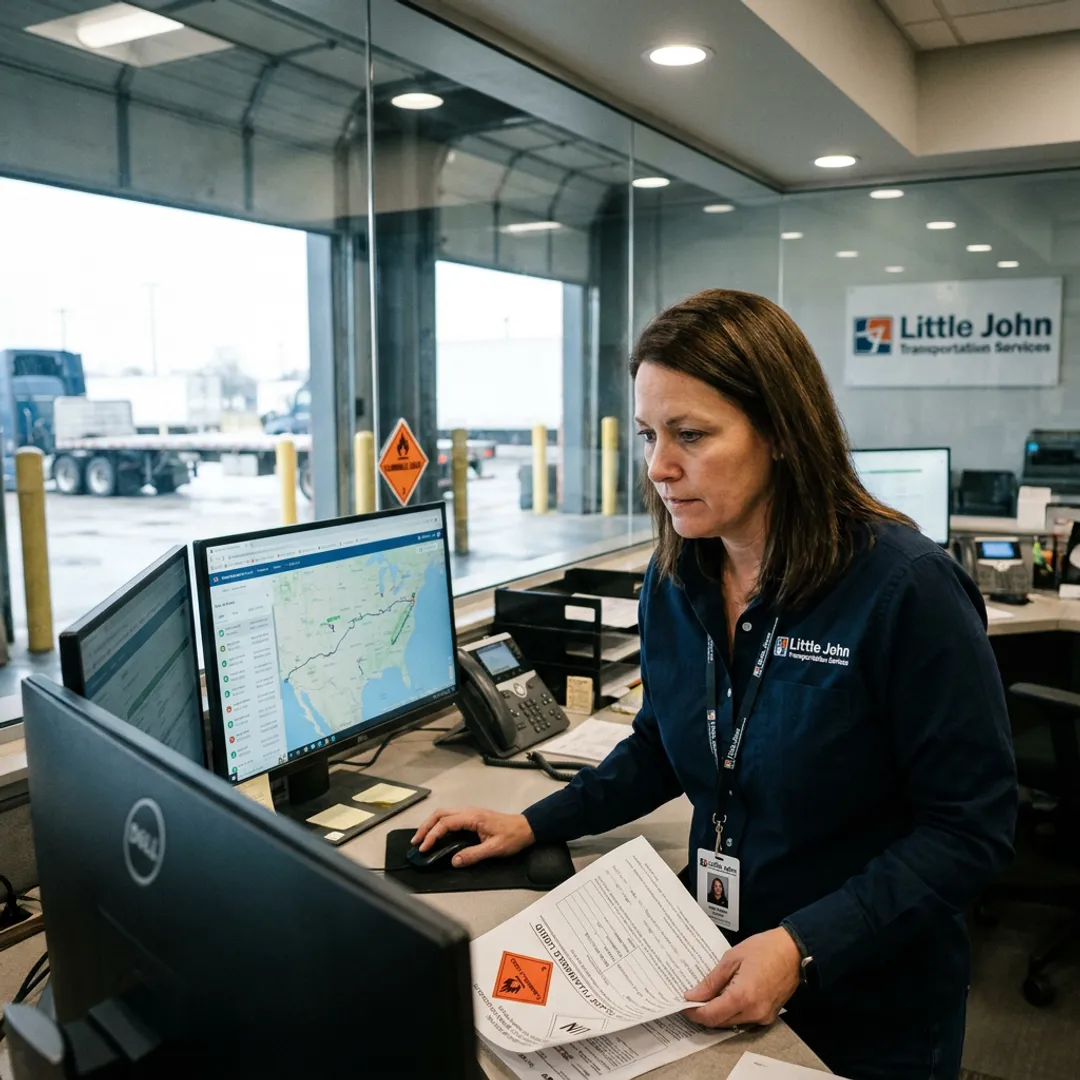Hazmat freight dispatcher coordinating a truck shipment