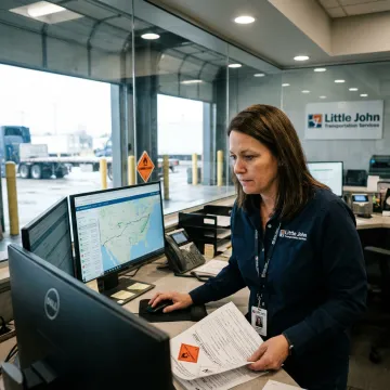 Hazmat freight dispatcher coordinating a truck shipment