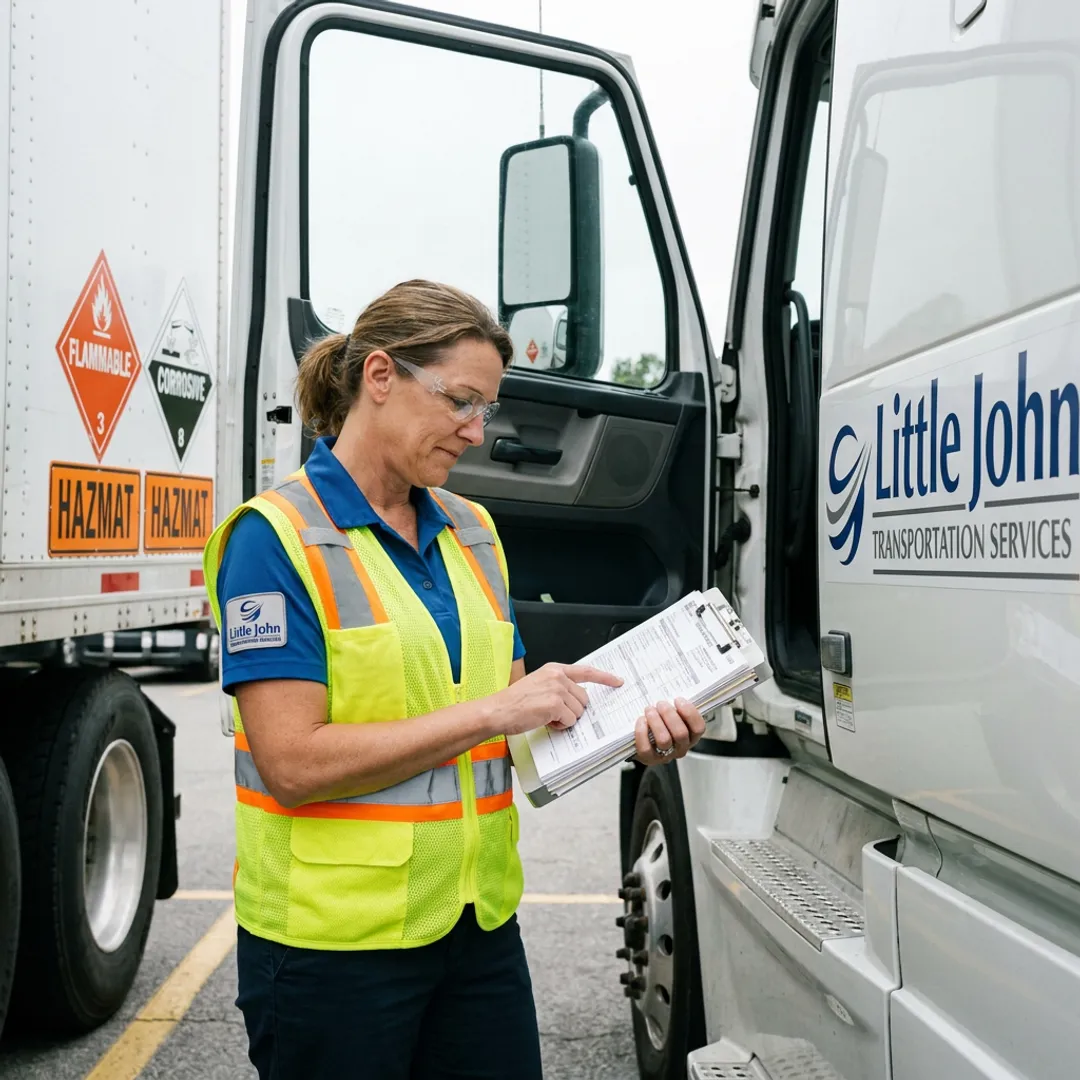 Hazmat freight coordinator reviewing compliance documents