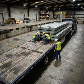 Flatbed truck being loaded with industrial equipment