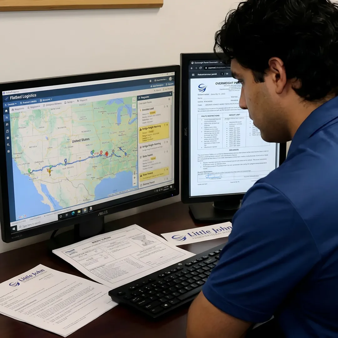 Logistics specialist planning a flatbed shipment