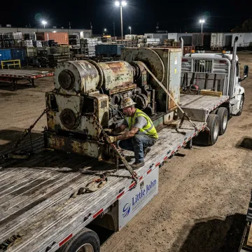 Flatbed trailer being loaded with industrial freight