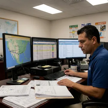 Freight dispatcher coordinating big rig shipment tracking