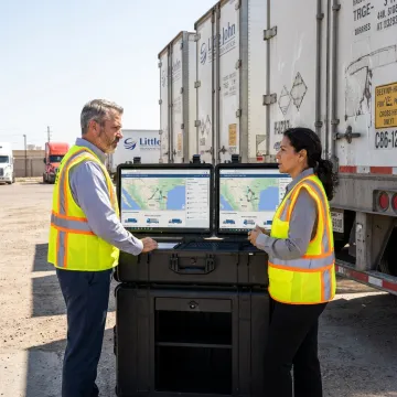 Cross-border freight team reviewing trucking route