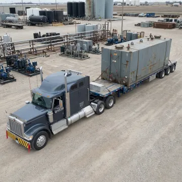 Specialized truck hauling an industrial frac tank