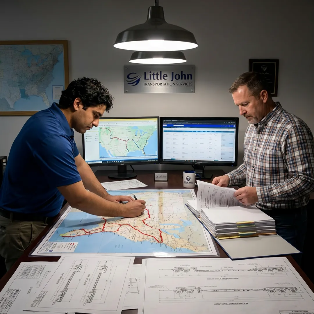 Heavy haul logistics team planning an oversize freight route