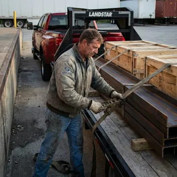 Hot shot driver securing urgent freight on a gooseneck trailer