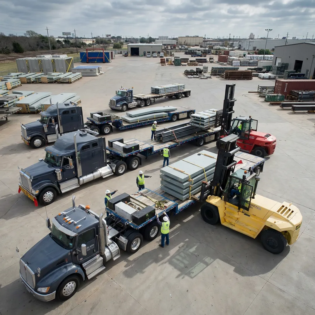 Freight being transloaded between trailers at a logistics yard