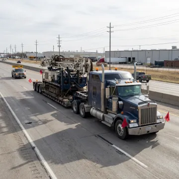 Heavy-haul trailer transporting drill rig equipment