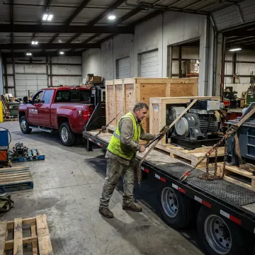 Hot shot freight driver securing urgent cargo on a gooseneck trailer