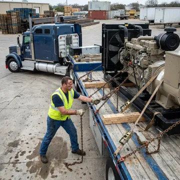 Flatbed truck being loaded with industrial machinery
