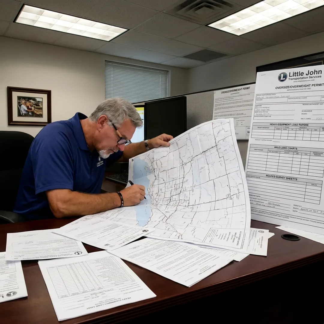 Flatbed freight coordinator planning a heavy-haul route