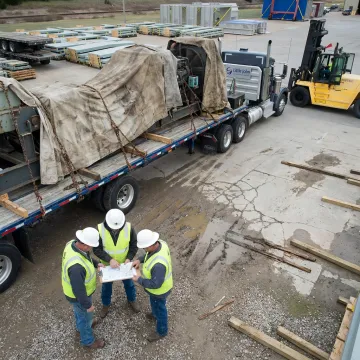 Flatbed trailer being loaded with industrial equipment