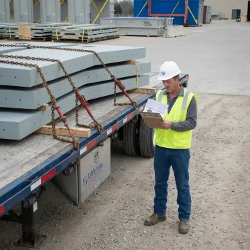 Flatbed trailer being inspected before freight pickup