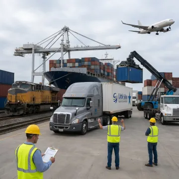 Intermodal freight containers moving by rail and truck