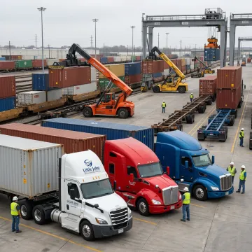 Rail containers and drayage trucks at an intermodal terminal
