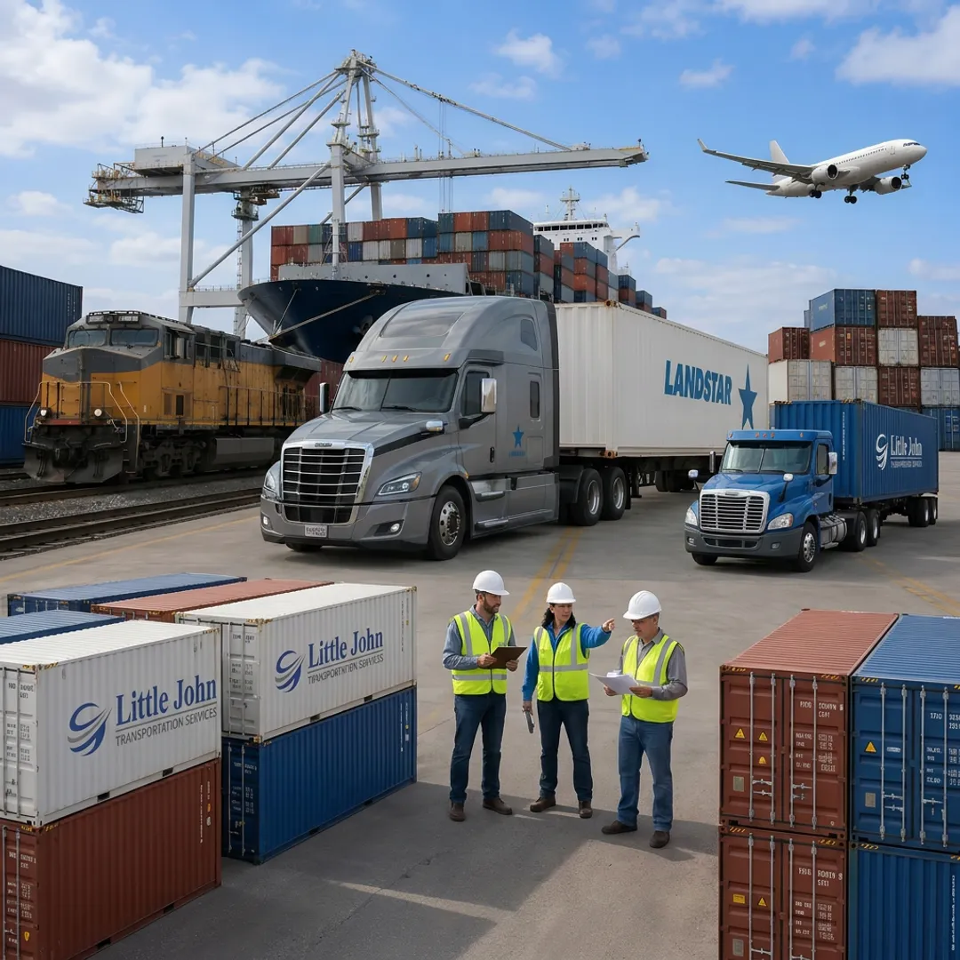 Freight containers being transferred near a rail yard