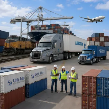 Freight containers being transferred near a rail yard