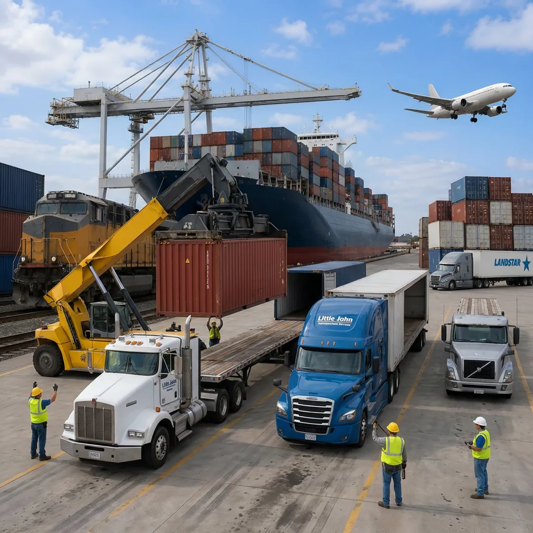 Freight being transferred between truck and intermodal container