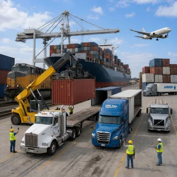 Freight being transferred between truck and intermodal container