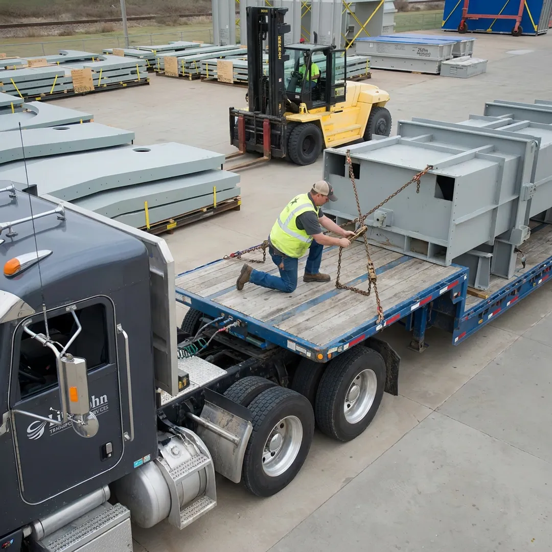 Flatbed trailer being secured for freight transport