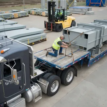 Flatbed trailer being secured for freight transport