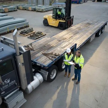 Flatbed truck being inspected before loading industrial freight