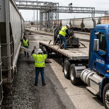 Transloading team coordinating bulk cargo transfer