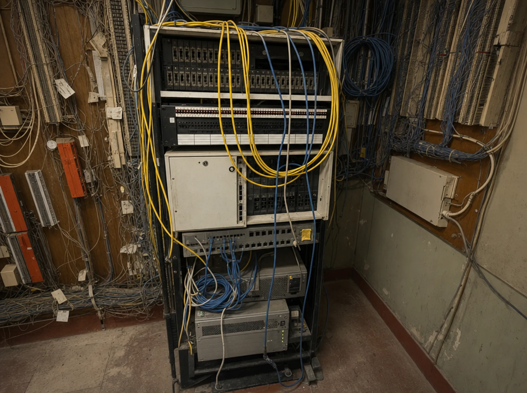 Aging on-premise PBX server cabinet with wiring in office closet