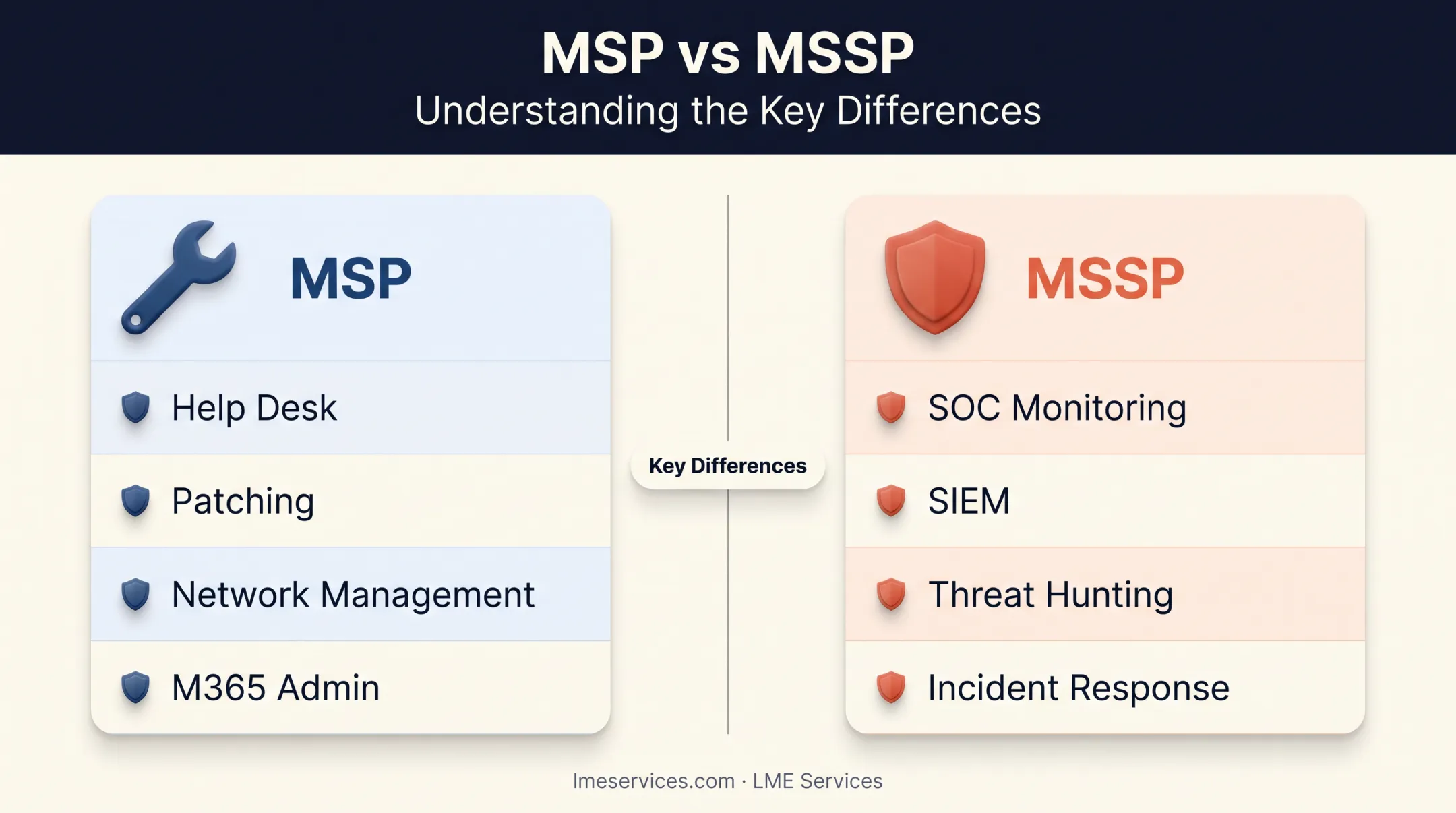 MSP versus MSSP comparison chart showing scope and focus differences