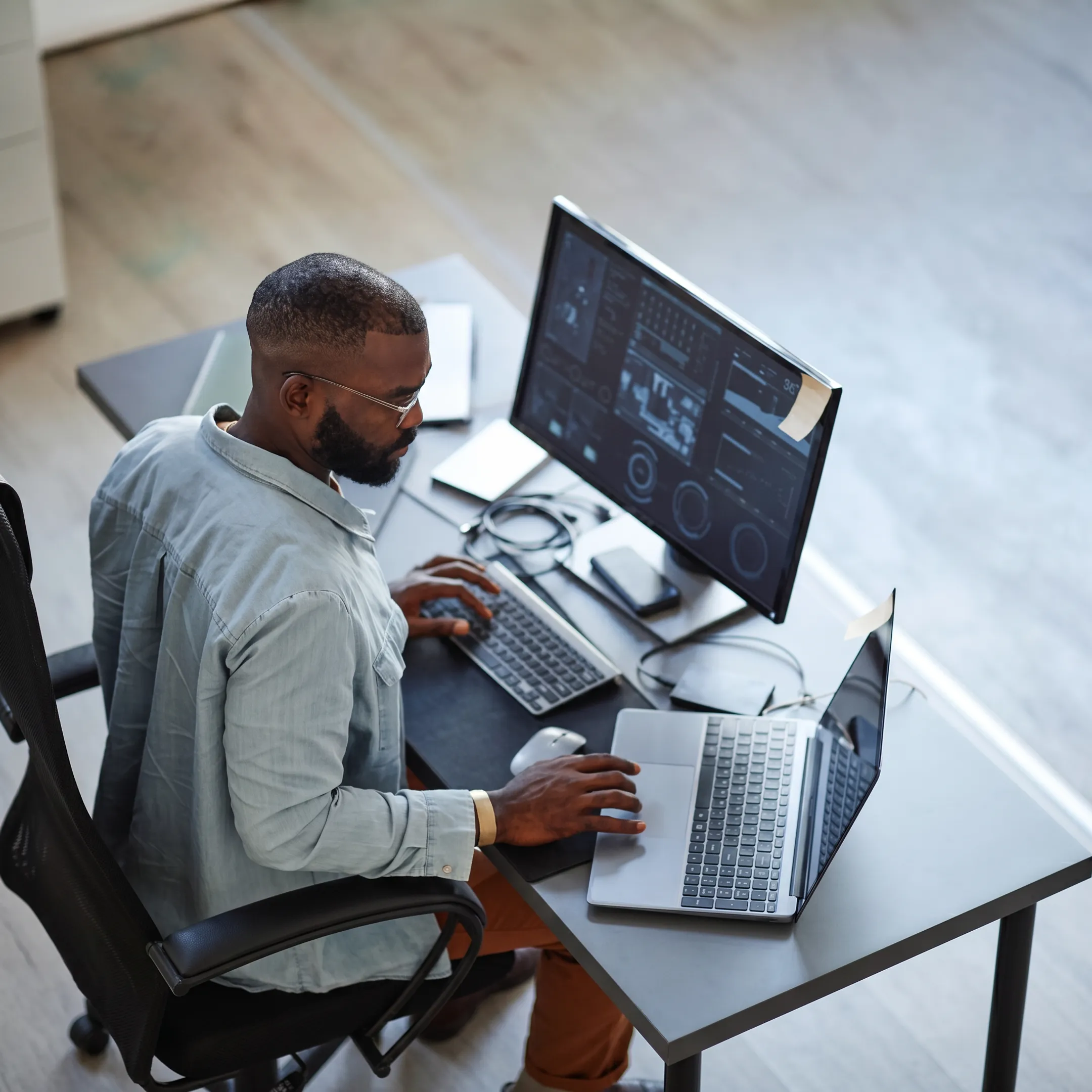 Technician monitoring protected business endpoints on a security operations dashboard
