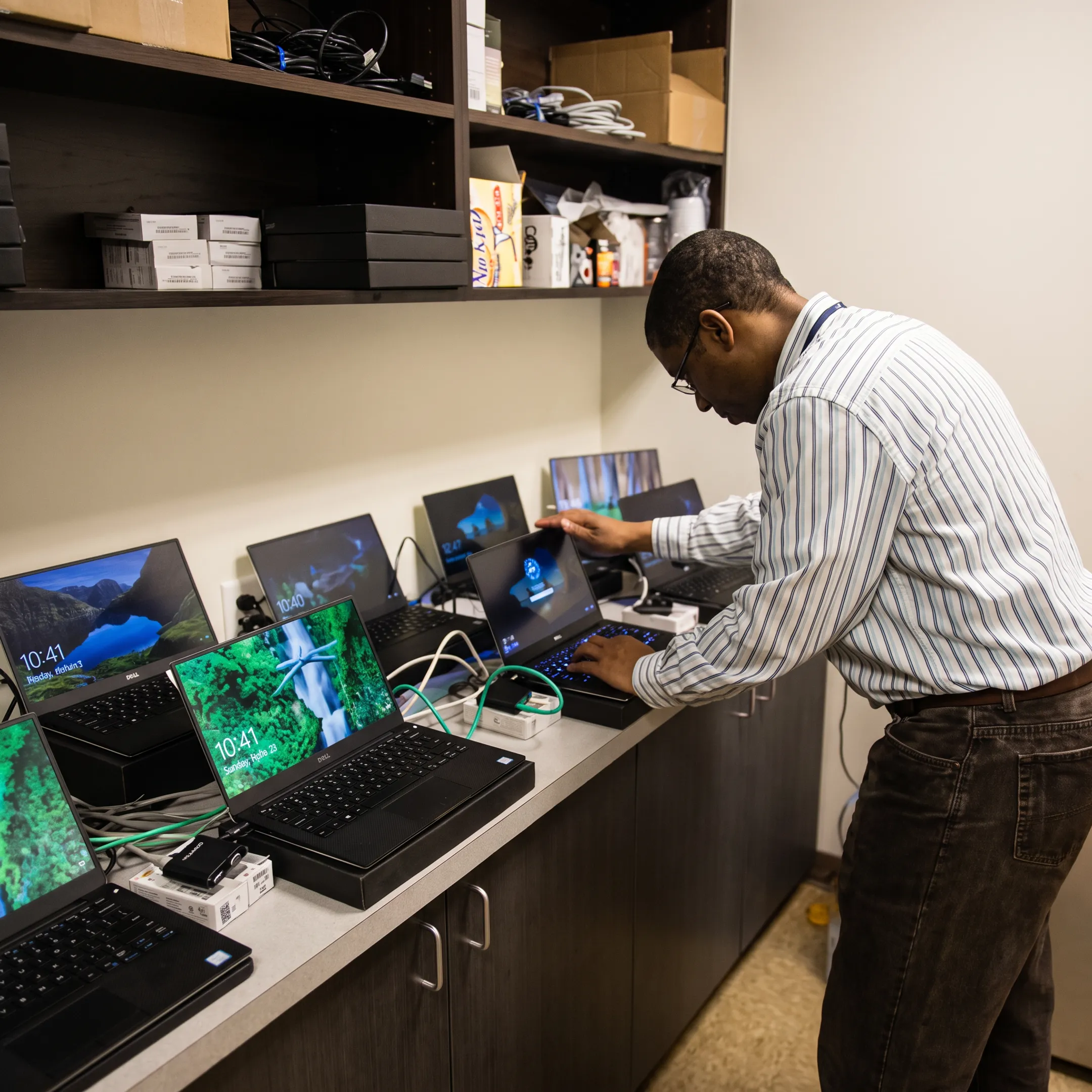 Technician configuring a business VoIP communications system