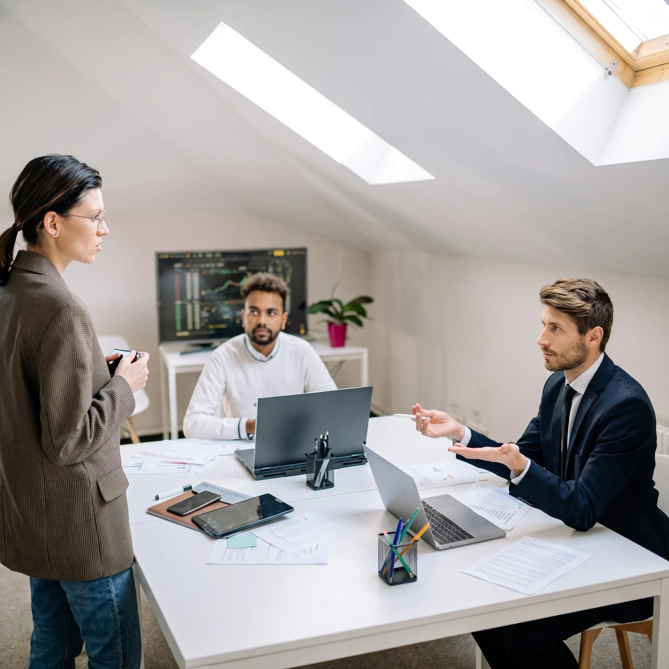 Business team using unified communications and VoIP phones in a modern office