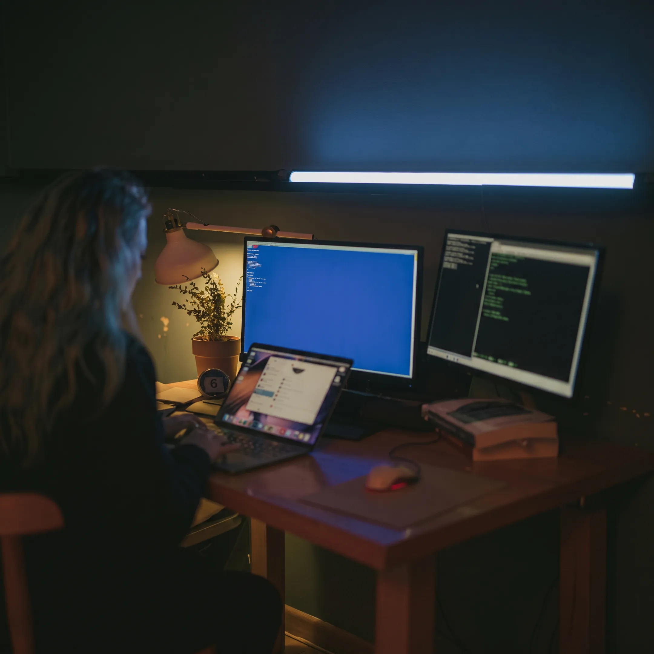 IT professional reviewing live network monitoring dashboards